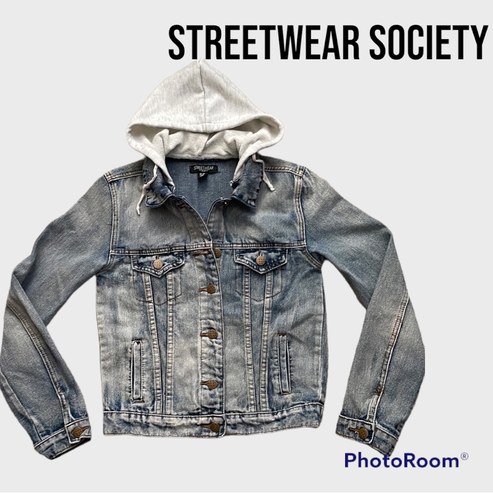 Streetwear society acid wash faded jean jacket with hood